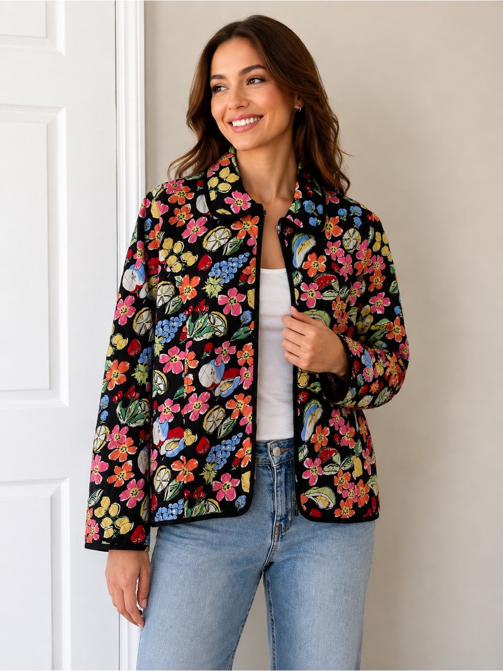 Vintage 90s Requirements Fruit Floral Quilted Jacket Size Small Cottagecore
